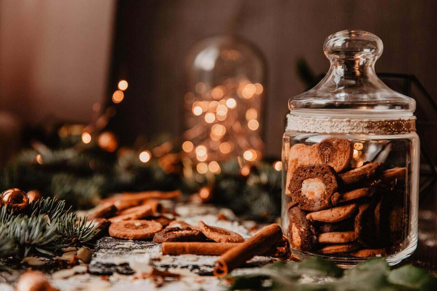 holiday cookies in jar with lights - cookbook gift buying guide